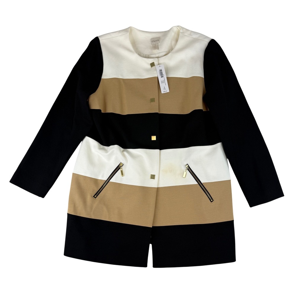 Chico's Colorblock Statement Topper Jacket Women 2 Petite Black Tan White Stripe